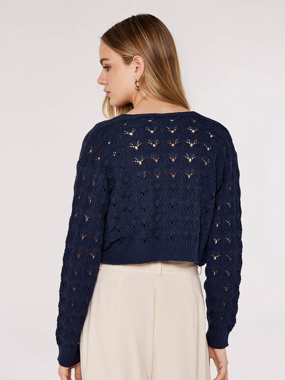 Pointelle Cropped Shrug, Navy, large