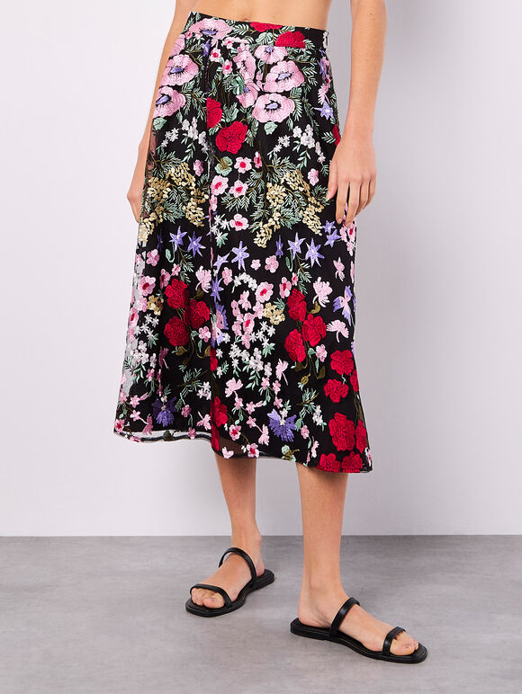 Embroidered Floral Mesh Midi Skirt, Black, large