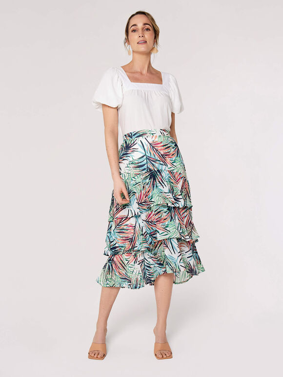 Painterly Tropical Midi Skirt, Cream, large