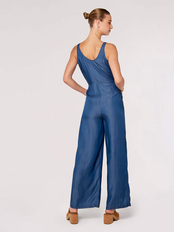 Denim Wide Leg Jumpsuit, Blue, large