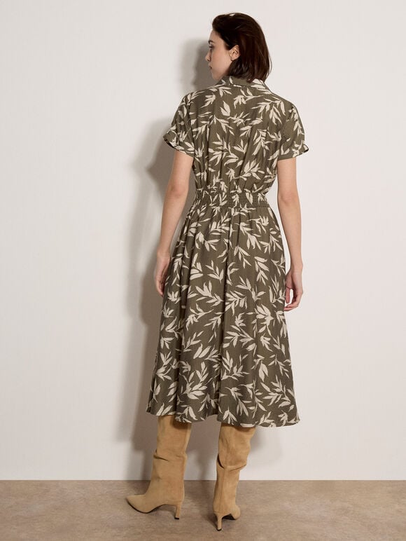 Textured Leaf Shirt Midi Dress, Khaki, large