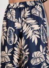 Tropical Leaf Print Satin Wide Leg Trousers, Navy, large