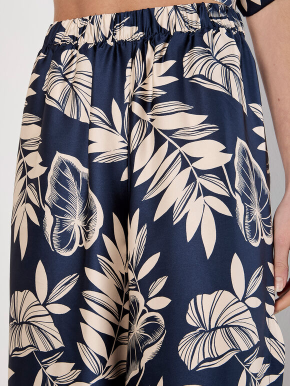 Tropical Leaf Print Satin Wide Leg Trousers, Navy, large