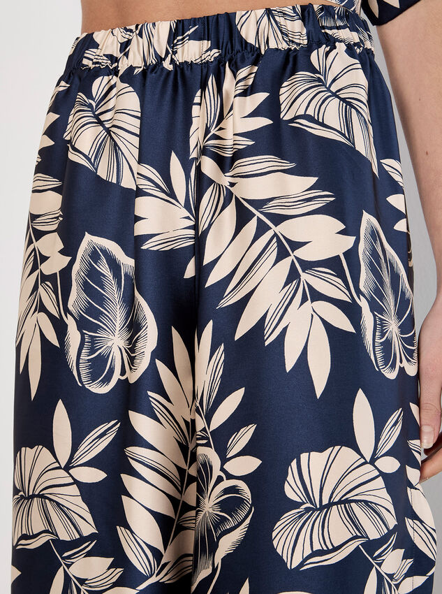 Tropical Leaf Print Satin Wide Leg Trousers, Navy, large