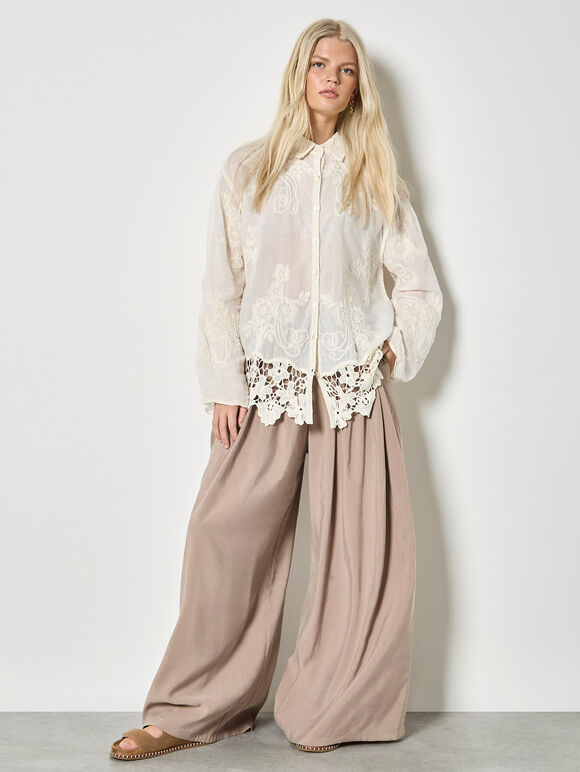 Embroidered Mesh Lace Oversized Shirt, Stone, large