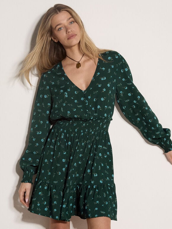 Vintage Floral Crepe Mini Dress, Green, large