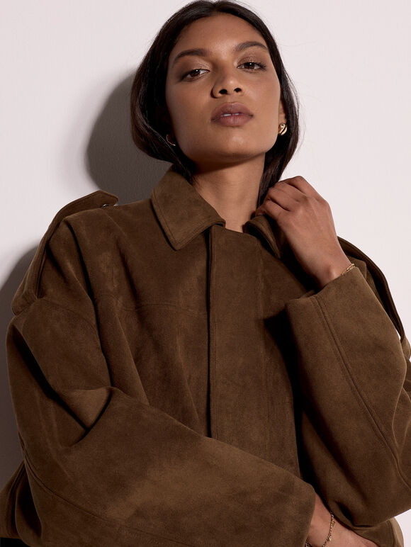Suede Bubble Hem Batwing Jacket, Brown, large