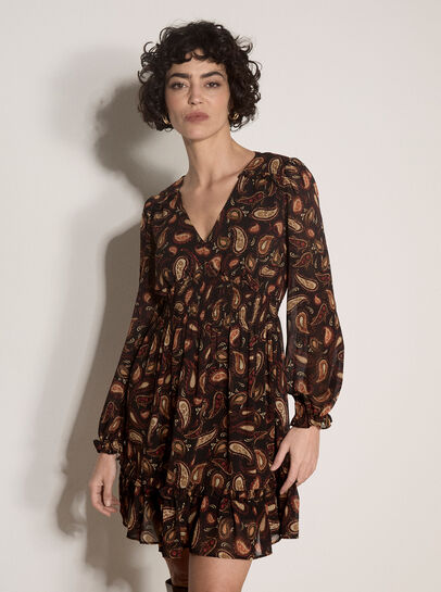 Chiffon Ruffle Paisley Mini Dress