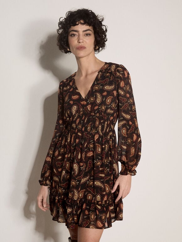 Chiffon Ruffle Paisley Mini Dress, Black, large
