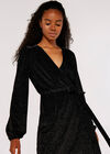 Glitter Velvet Wrap Mini Dress, Black, large