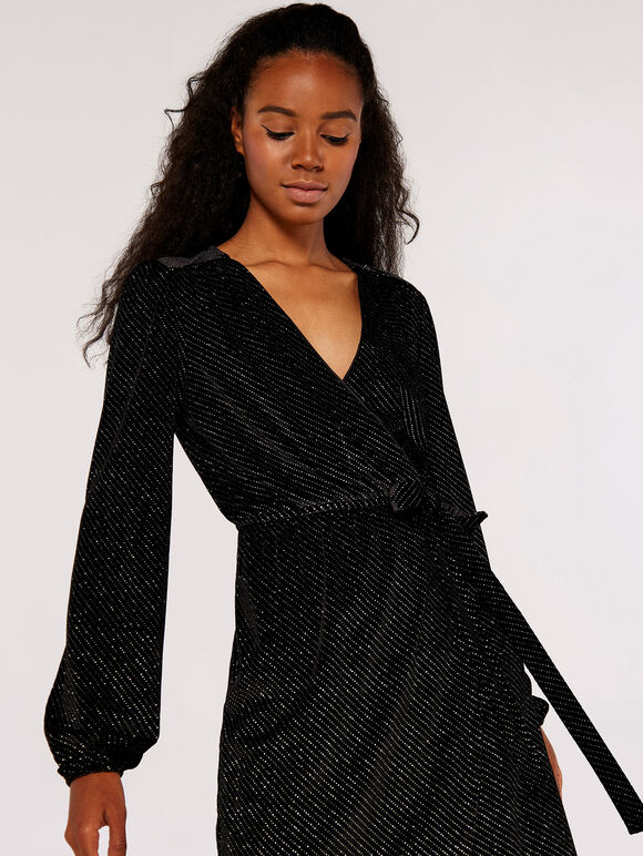 Glitter Velvet Wrap Mini Dress, Black, large