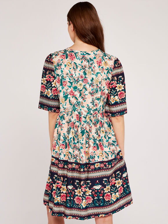 Floral Border Dress, Cream, large