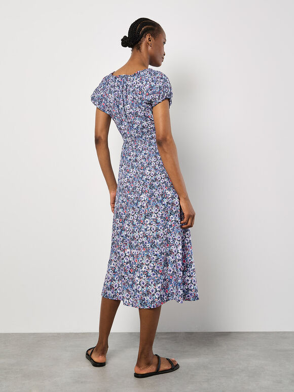 Watercolour Floral Milkmaid Midi Dress, Purple, large