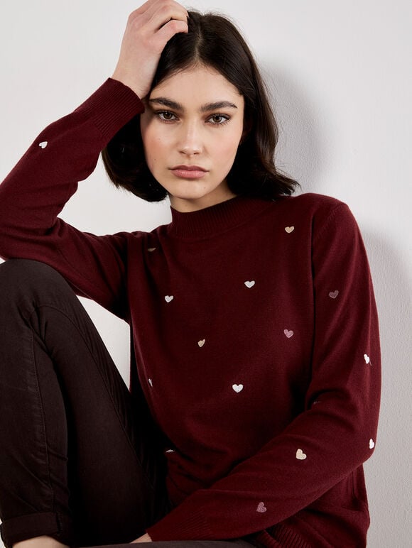 Embroidered Hearts Fine Knit Jumper, Burgundy, large