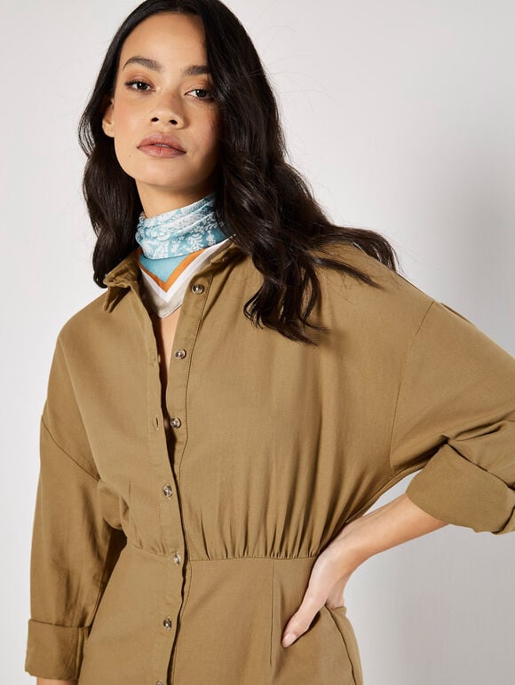 Fitted Twill Shirt Mini Dress, Stone, large