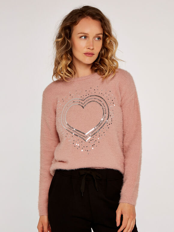 Sequin Heart Jumper, Pink, large
