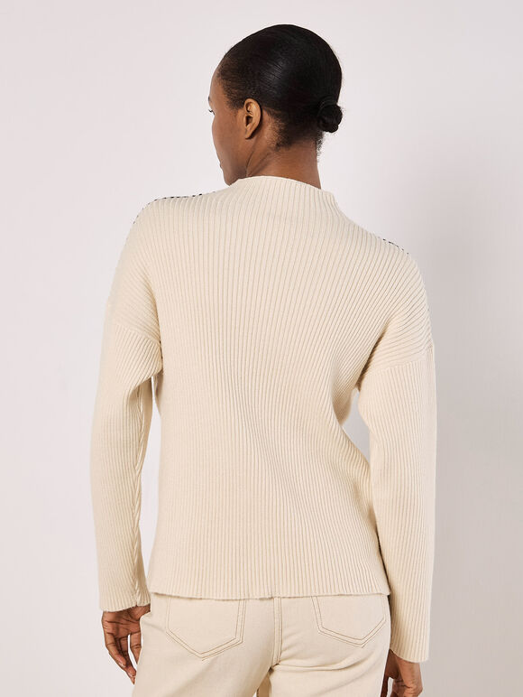 Blanket Stitch Ribbed Jumper, Stone, large