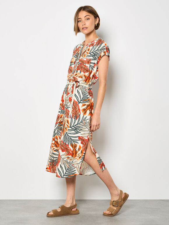 Banana Leaf Shirt Midi Dress, Khaki, large