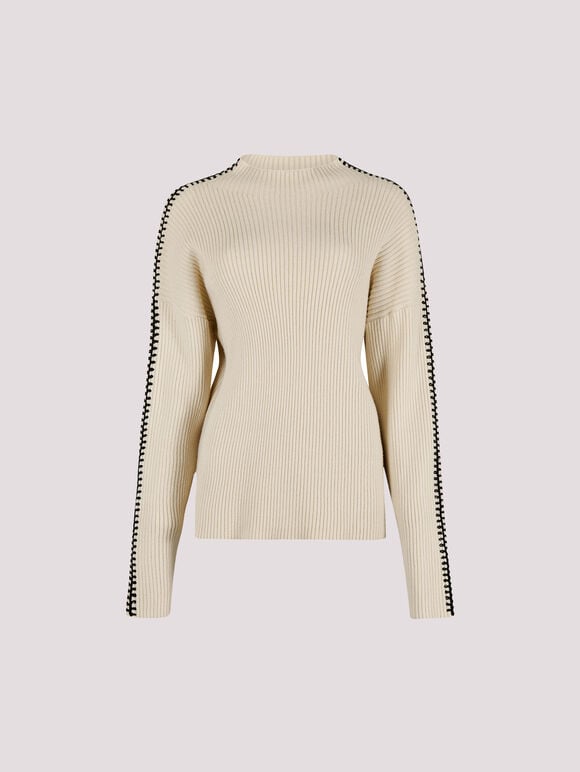 Blanket Stitch Ribbed Jumper, Stone, large