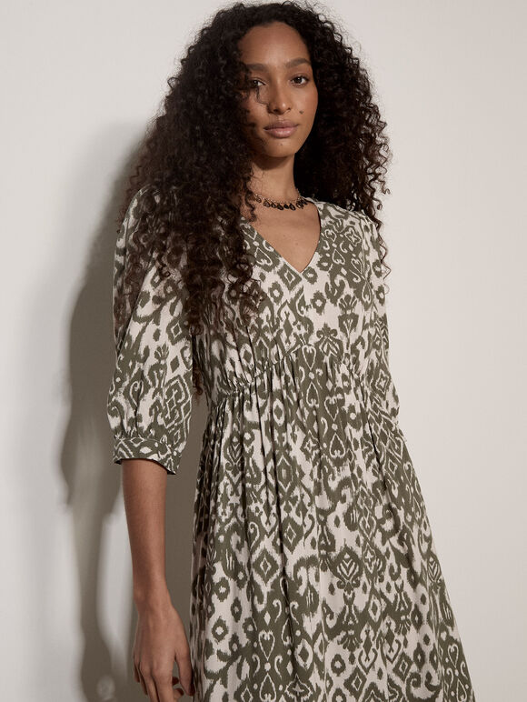 Tapestry Ikat Midi Dress, Khaki, large