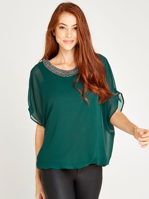 Beaded Chiffon Layer Top, Green, large