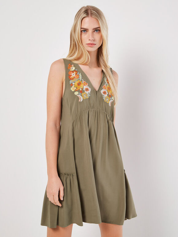 Embroidered Blooms Swing Mini Dress, Khaki, large