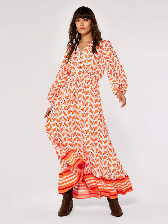 Geo Leaves Drawstring Maxi Dress, Orange, large