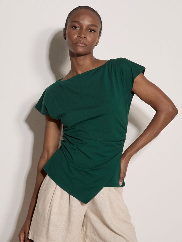 Asymmetric Wrap Cotton T-Shirt, Green, large