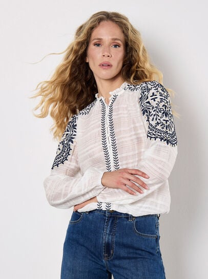 Ruffle Neck Embroidered Blouse