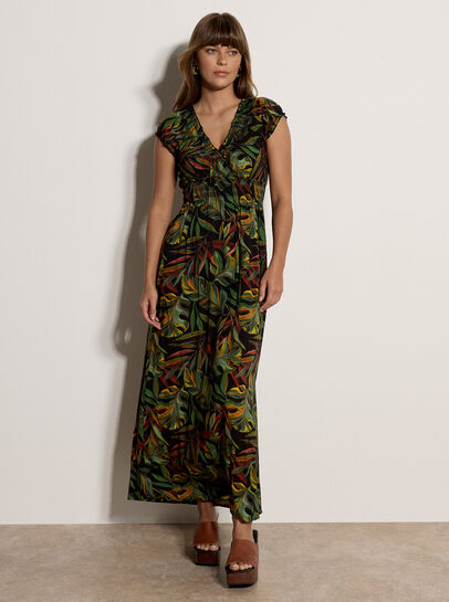 Tropical Leaf Smocked Maxi Dress