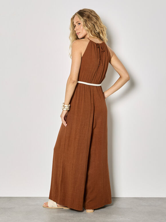 Cotton Blend Wide-Leg Jumpsuit, Rust, large