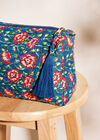 Pochette zippée matelassée à imprimé floral, bleu, grande