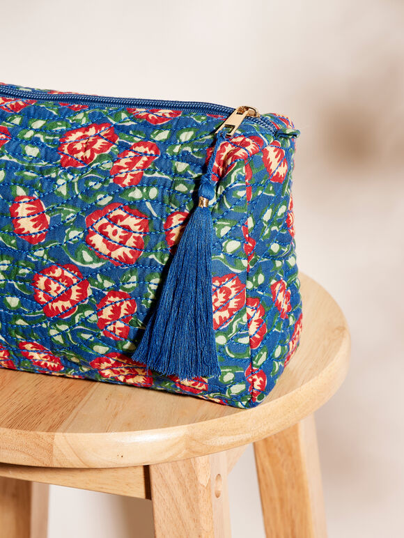 Pochette zippée matelassée à imprimé floral, bleu, grande