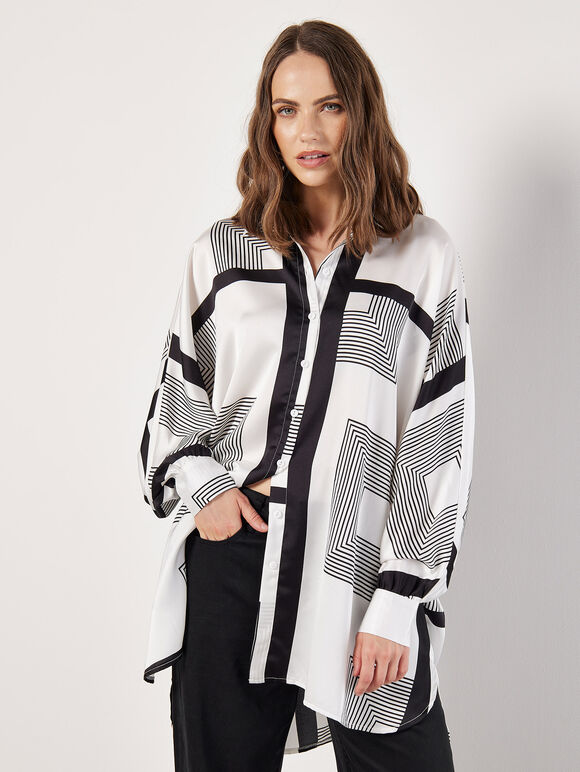 Graphic Squares Oversized Satin Shirt, Cream, large