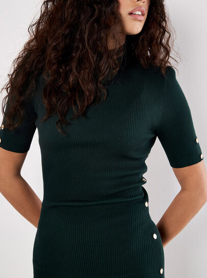 Ribbed Knit Button Embellished Mini Dress
