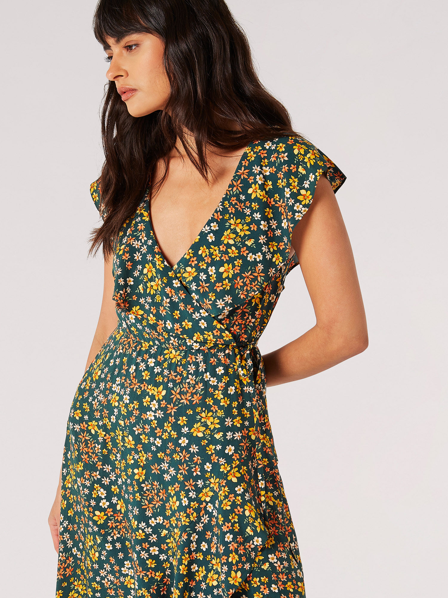 Ditsy Floral Ruffle Wrap Midi Dress Apricot Clothing