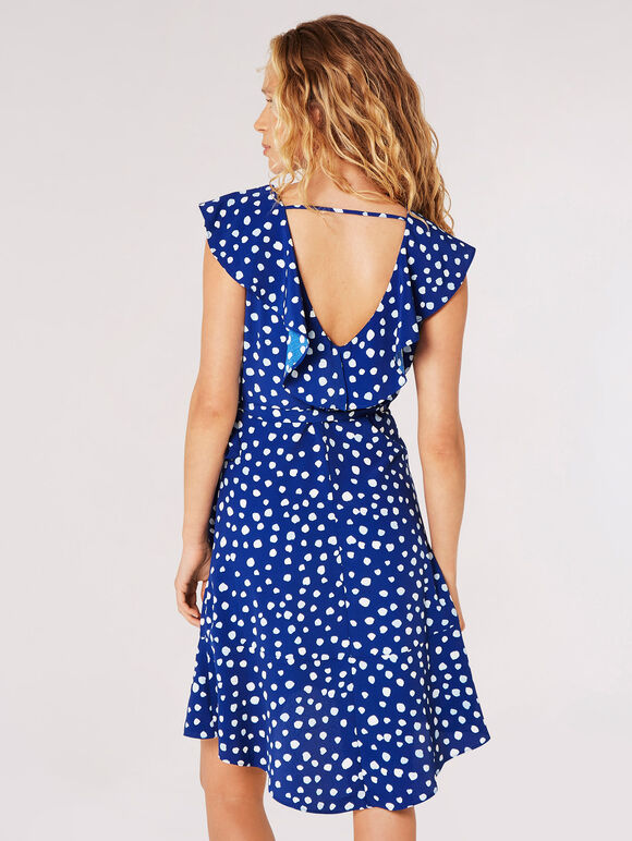 Painterly Dot Ruffle Wrap Mini Dress, Blue, large