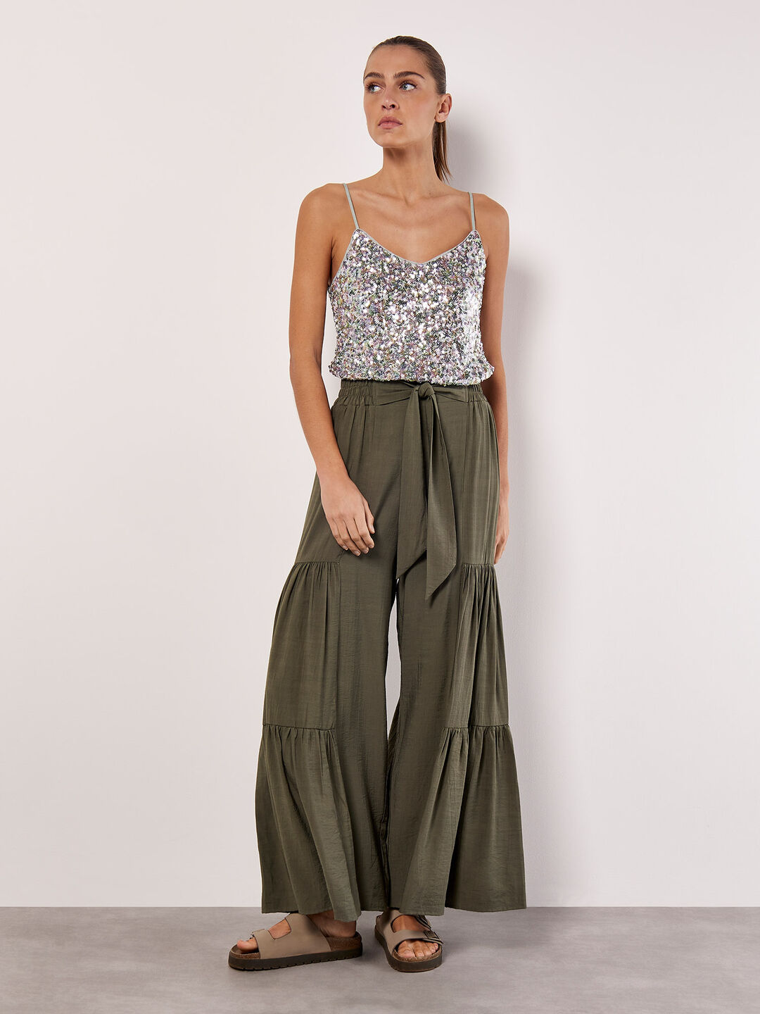 Tiered Wide-Leg Woven Trousers