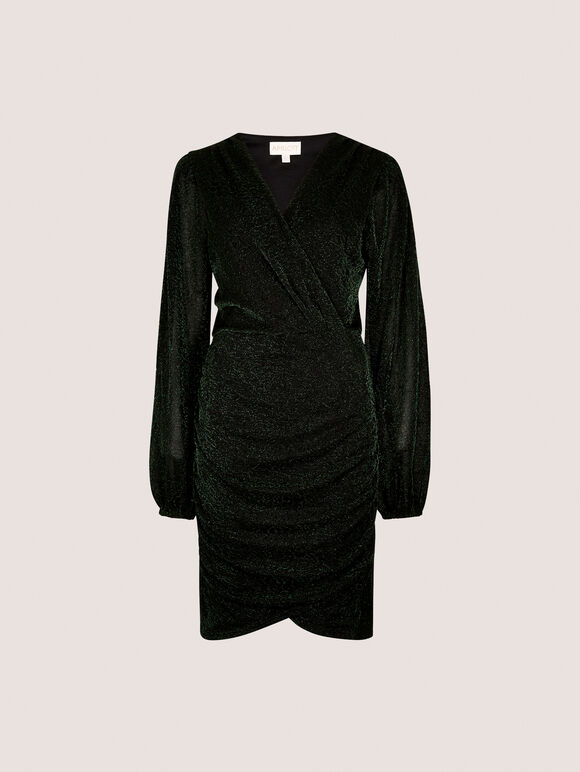 Metallic Mesh Wrap Mini Dress, Green, large