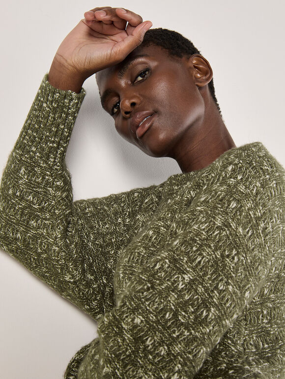 Flecked Knit Chunky Jumper, Khaki, large