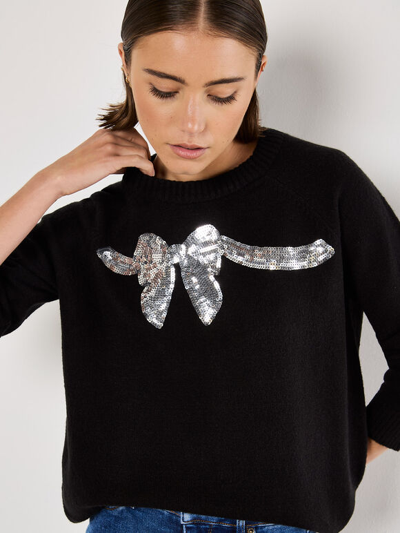 Sequin Embellished Bow Jumper, Black, large