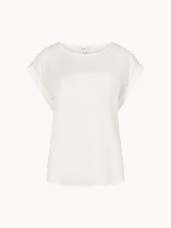 Woven Split Hem T-Shirt, Cream, large