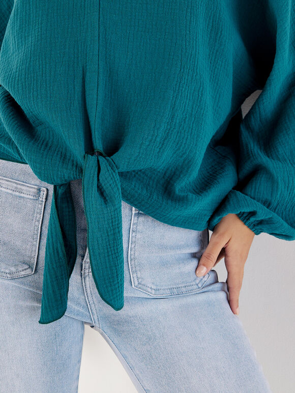 Cotton Oversized Tie Hem Top, Teal, large