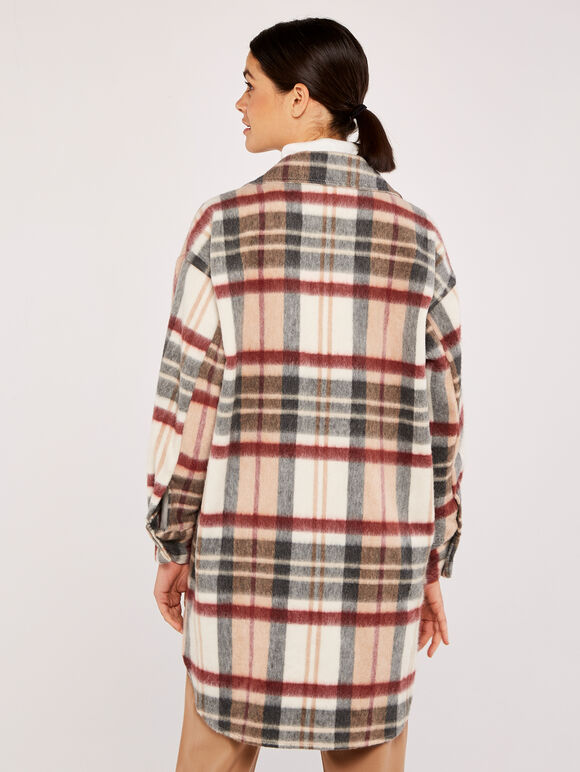 Plaid Print Longline Shacket, Burgundy, large