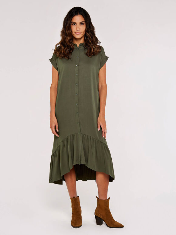 Boxy Tiered Midi Dress, Khaki, large