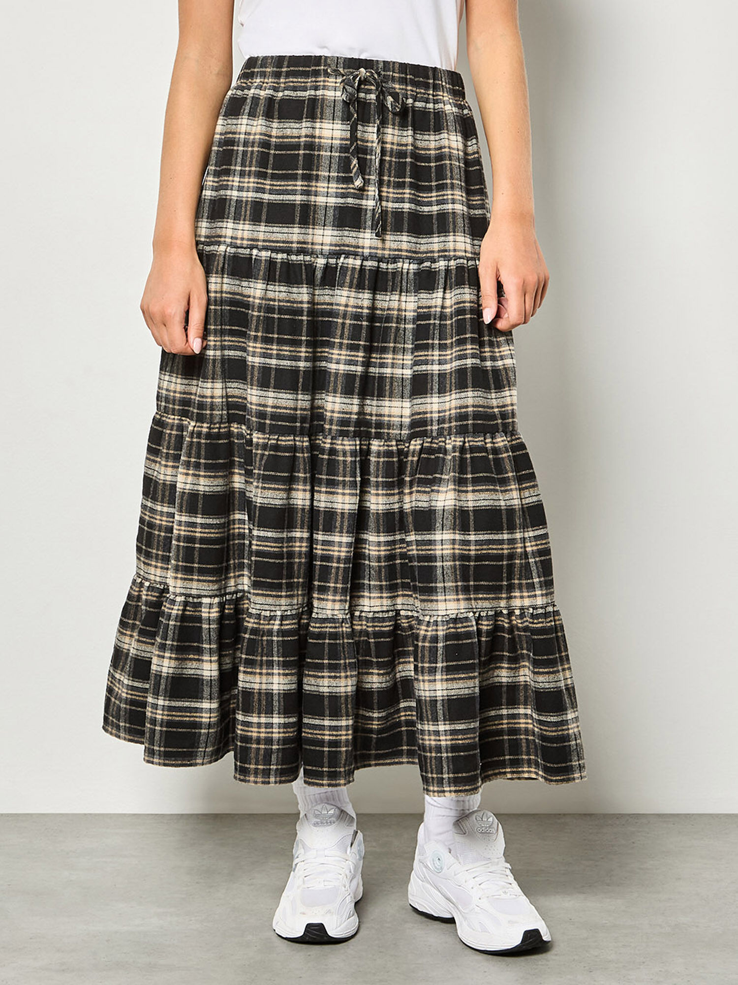Check Print Tiered Midi Skirt | Apricot Clothing