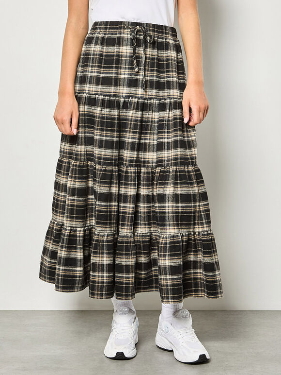 Check Print Tiered Midi Skirt, Black, large