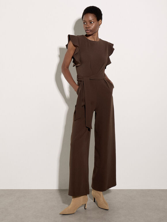 Ruffle Sleeve Jersey Jumpsuit, Brown, large