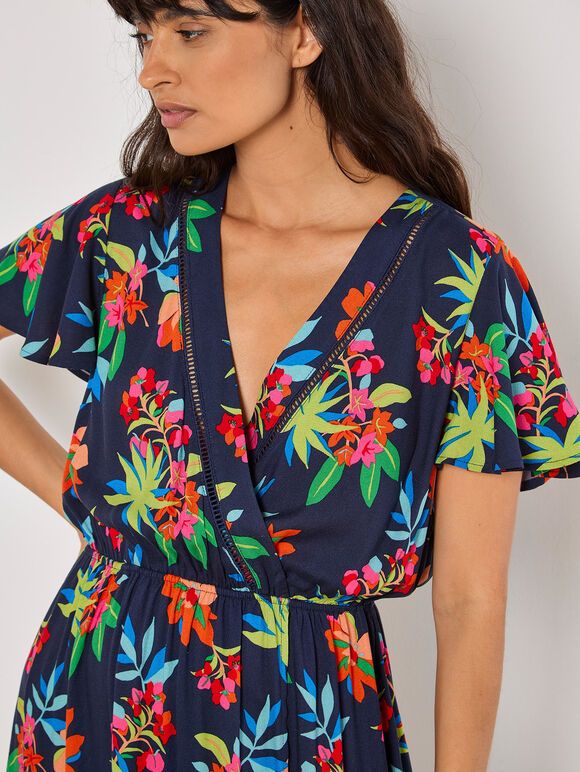 Tropical Print Wrap Maxi Dress, Navy, large