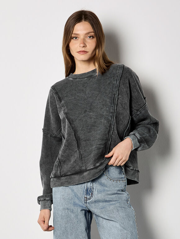 Waffle Panel Sweatshirt, Dark Grey/Charcoal, large